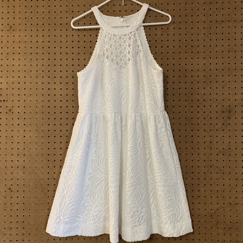 White Lace Lilly Pulitzer Dress Halter Knee Length Bridal Bride Sleeveless 12